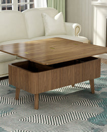 3 In 1 Lift Top Coffee Table, Fluted Convertible Coffee Tables Converts To Dining Tables, Modern Oval Wooden Center Table With Storage For Living Room Office Small Space Walnut