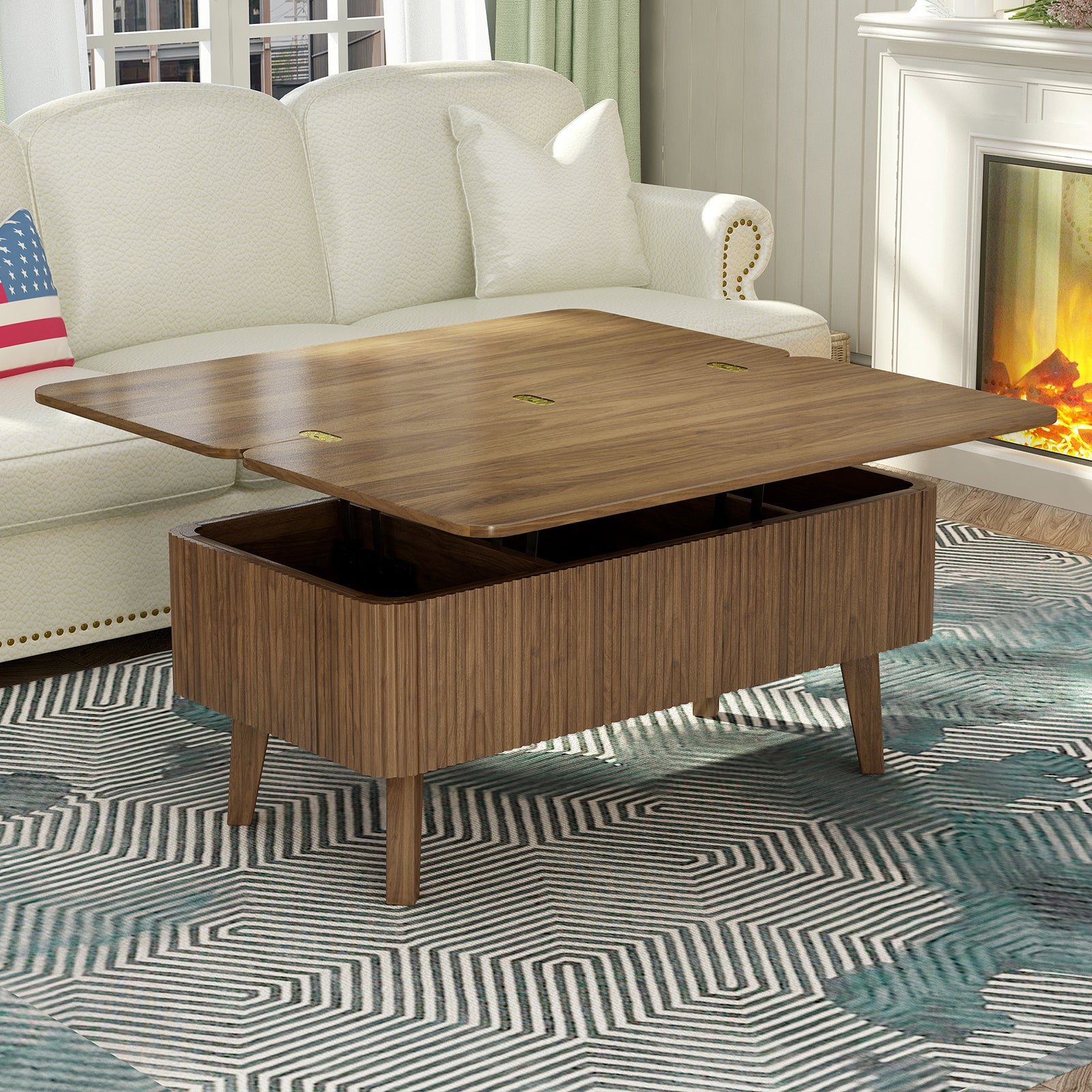 3 In 1 Lift Top Coffee Table, Fluted Convertible Coffee Tables Converts To Dining Tables, Modern Oval Wooden Center Table With Storage For Living Room Office Small Space Walnut