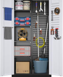 Broom Closet Storage Cabinet With Wheels And Pegboard,Metal Garage Storage Cabinet With Lockable And Magnetic Doors,Adjustable Shelves For Garage Home Office,Required Assembly,Black And White