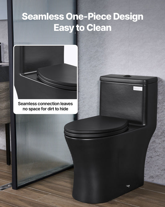 One-Piece Elongated Toilet – Vortex Dual Flush 1.0/1.28 GPF, Skirted Easy-Clean Design, Standard Height (Matte Black, 12" Rough-In)