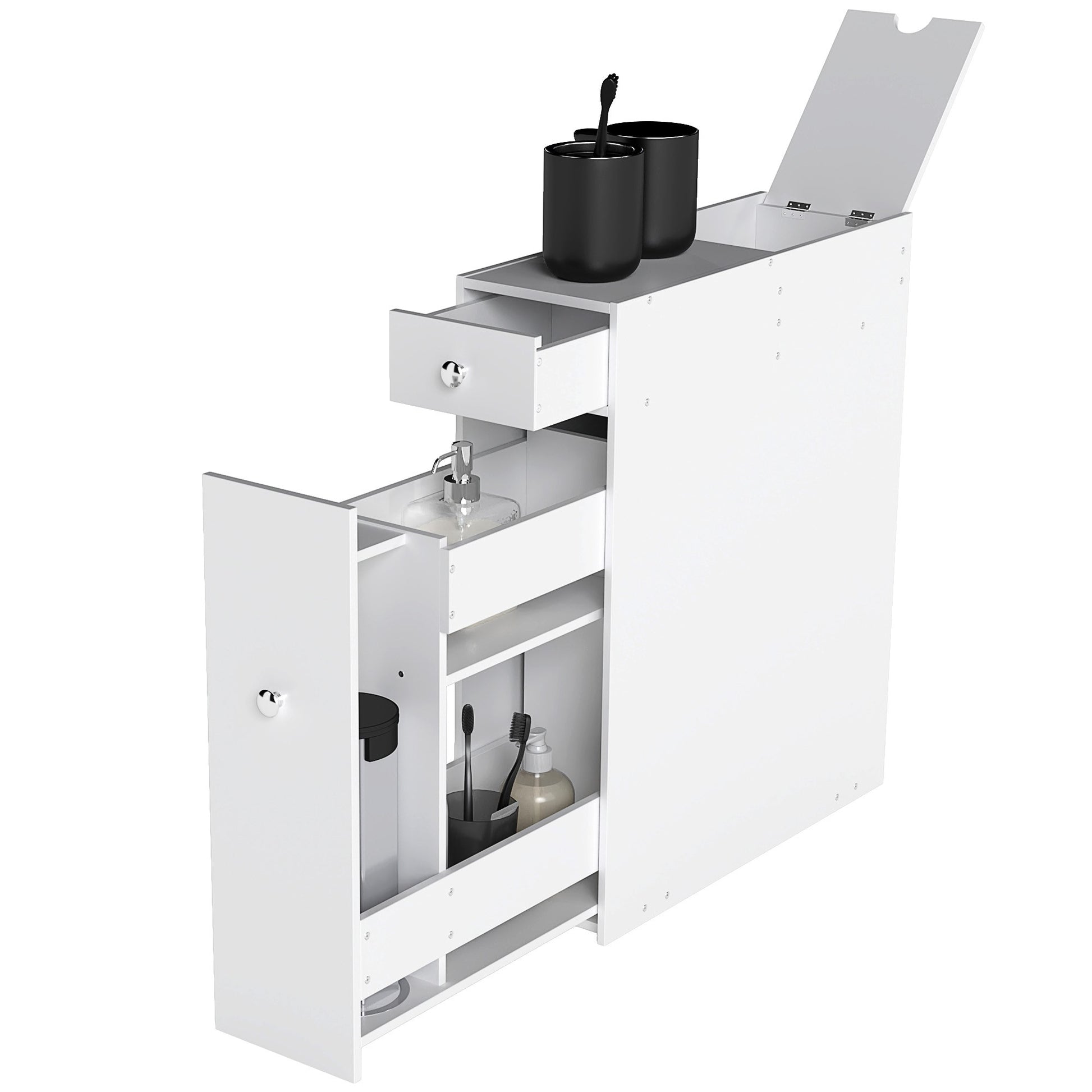 Bathroom Floor Organizer, Freestanding Space-saving Narrow Storage Cabinet, Bathtub Toilet Paper Holder With Drawers, White.