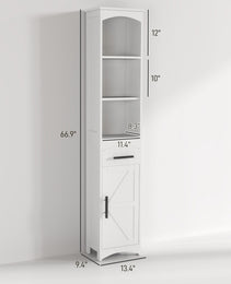 Farmhouse Tall Slim Bathroom Storage Cabinet with Recessed Drawer, Narrow Cabinet with Barn Door, White