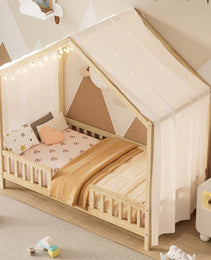 Montessori Floor Bed With Canopy, Twin Bed Frame For Kids, House Shape Kids Bed Frame With High Railings, Wood Kids Bed With Roof, Kid Twin Bed, Natural