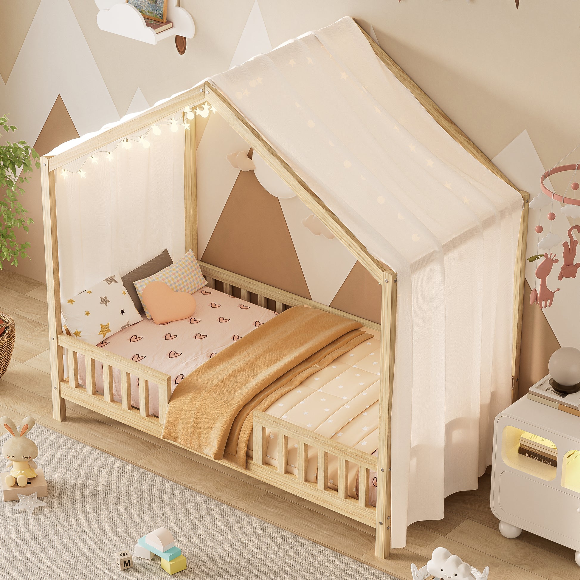 Montessori Floor Bed With Canopy, Twin Bed Frame For Kids, House Shape Kids Bed Frame With High Railings, Wood Kids Bed With Roof, Kid Twin Bed, Natural