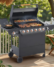 6 Burner BBQ Propane Gas Grill With Side Burner 72000 BTU Output Stainless Steel Barbecue Grill With Cast Iron Grates And Side Tables For Outdoor Cooking Kitchen And Patio Backyard.