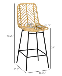 Set of 4 Rattan Barstools Wicker Counter Stools with Steel Legs and Footrest for Dining Room Kitchen Pub Yellow
