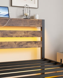 Twin Size Bed Frame Heavy Duty Platform Bed Frame With Headboard, USB Charging Station, LED Bed, No Box Spring Needed, Mattress Foundation, Strong Steel Slats, Noise Free, Brown