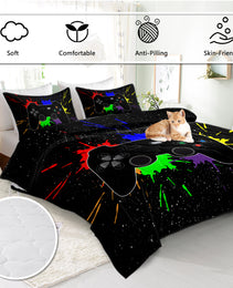 Black Video Game Comforter For Girls Boys Red Blue Green Purple Yellow Ink Game Controller Bedding Boy Bedroom Living Bed Decor With 1 Comforter 2 Pillow Shams