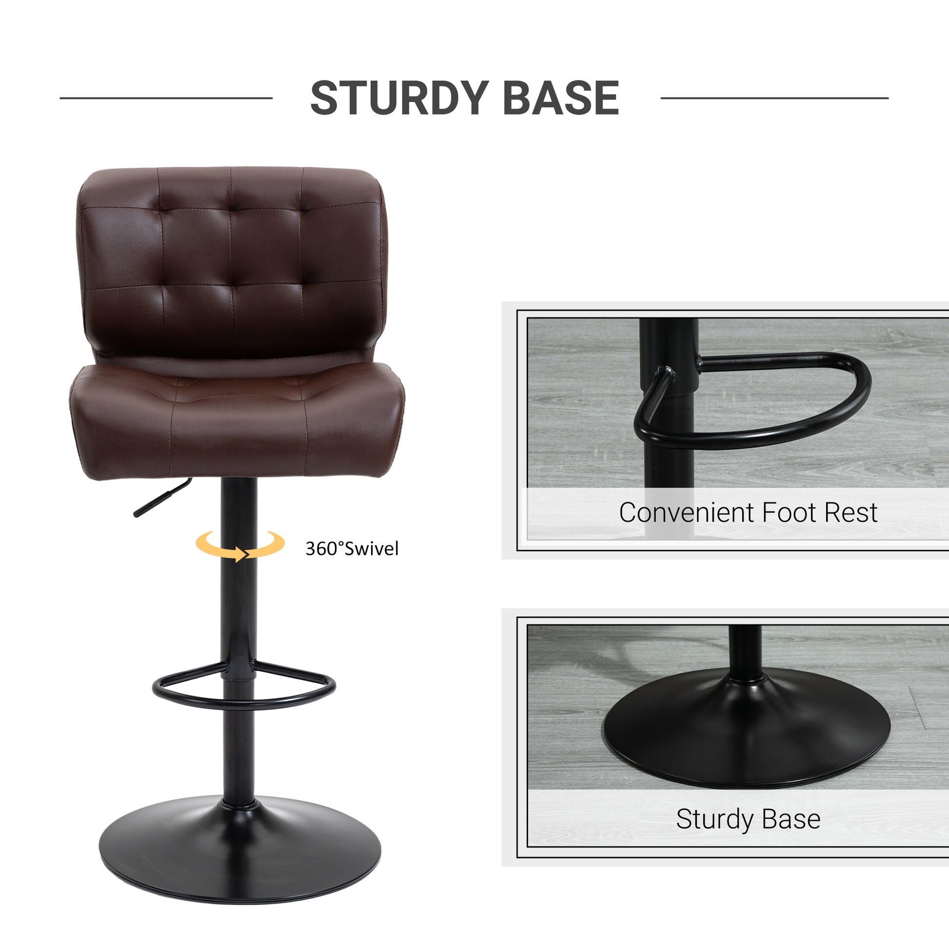 Bar Height Bar Stools Set of 2 with Adjustable Seat, Adjustable Swivel Barstools with Thick Padded Cushion and Metal Footrest for Home Bar, Brown