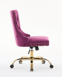 A&A Furniture Office Chair,Modern Velvet Upholstered Tufted Button Home Office Chair With Golden Metal Base,Adjustable Desk Chair Swivel Office Chair Purple