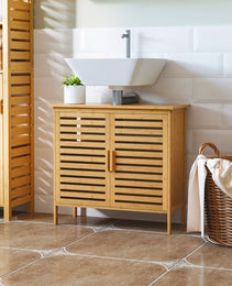Freestanding Bathroom Sink Cabinet, Bamboo Under Sink Cabinet Cupboard Organizer with 2 Slatted Doors, Natural