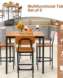 5 Pieces Industrial Dining Table Set With Counter Height Table And 4 Bar Stools