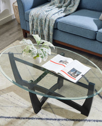 48 Inch Oval Glass Coffee Table, Black Round Coffee Table Center Table With Glass Top, Small Coffee Table For Living Room, Office And Apartment