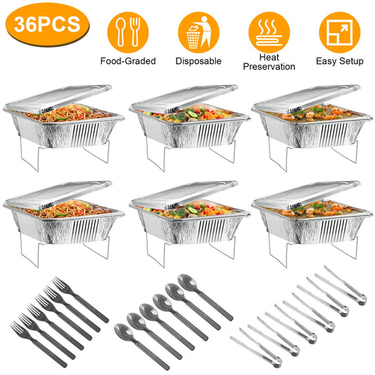 36Pcs Per Set Disposable Chafing Dish Buffet Set Food Warmers For Party Buffet Server Catering Supplies With Covers Utensils Half Size Food Pans For Parties Events BBQ Catering