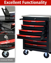7 Drawers Multifunctional Tool Cart With Wheels,Metal Rolling Tool Cart Storage For Garage Workshop Warehouse Repair Shop--With Stainless Steel Roof- BLACK RED