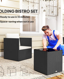 Folding Wicker Bistro Set, 3 Piece Patio Furniture Set With Cushions And Glass Coffee Table For Porch, Balcony, Black