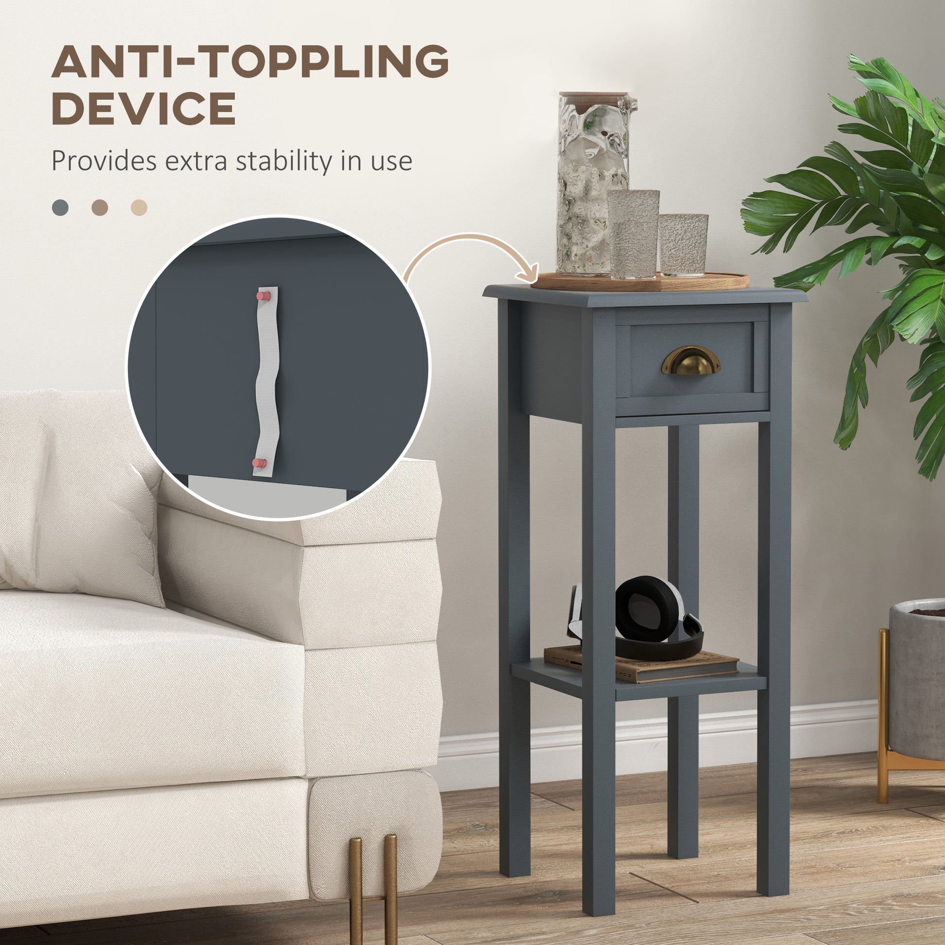 2-Tier Side Tables Set of 2 with Drawer and Shelf, 2 Pieces End Tables for Living Room and Hallway, Gray