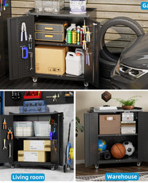 SUXXAN Metal Storage Cabinet With Wheels, Rolling Storage Cabinet With 2 Doors And Adjustable Shelves, Pegboard And 4 Hooks, Suitable For Garage, Home, Office, School, Black