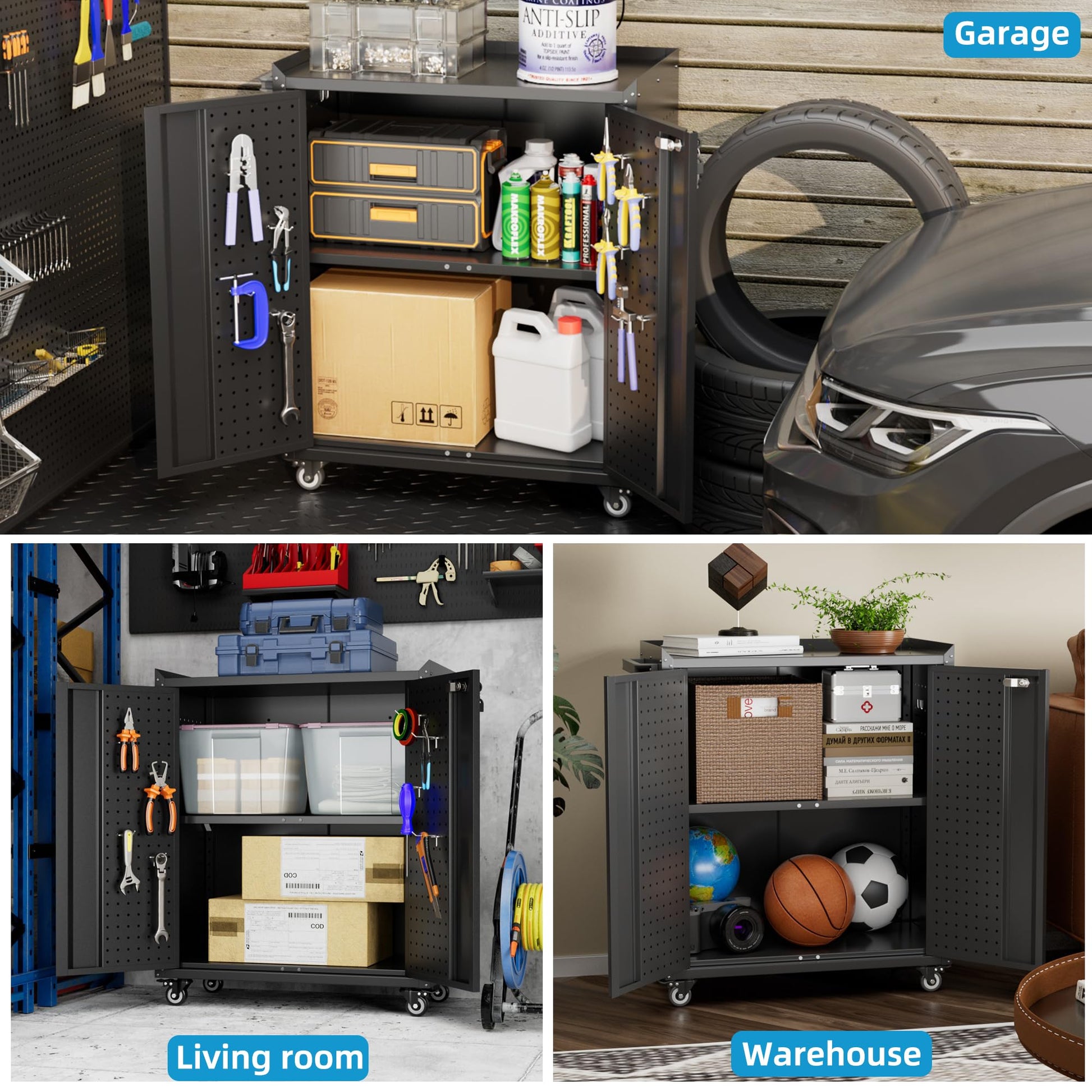SUXXAN Metal Storage Cabinet With Wheels, Rolling Storage Cabinet With 2 Doors And Adjustable Shelves, Pegboard And 4 Hooks, Suitable For Garage, Home, Office, School, Black