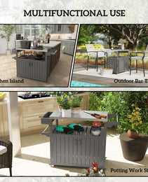 Outdoor Bar Cart with Storage, Stainless Steel Outdoor Bar Table Top, Wheeled HDPE Kitchen Island for Food Prep, Gray