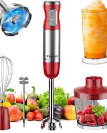 HB-2016A 5-in-1 Hand Immersion Blender, 30 Speeds Handheld Blender, Copper Motor Stainless Steel Blade Stick Blender,600ml Mixing Beaker,500ml Food Processor, Whisk, Milk Frother, BPA-Free, Red