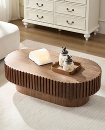 43.70 Inch Modern Handcraft Drum Coffee Table Oval Coffee Table For Living Room,Small Wooden Coffee Table With Sturdy Pedestal For Office,Walnut