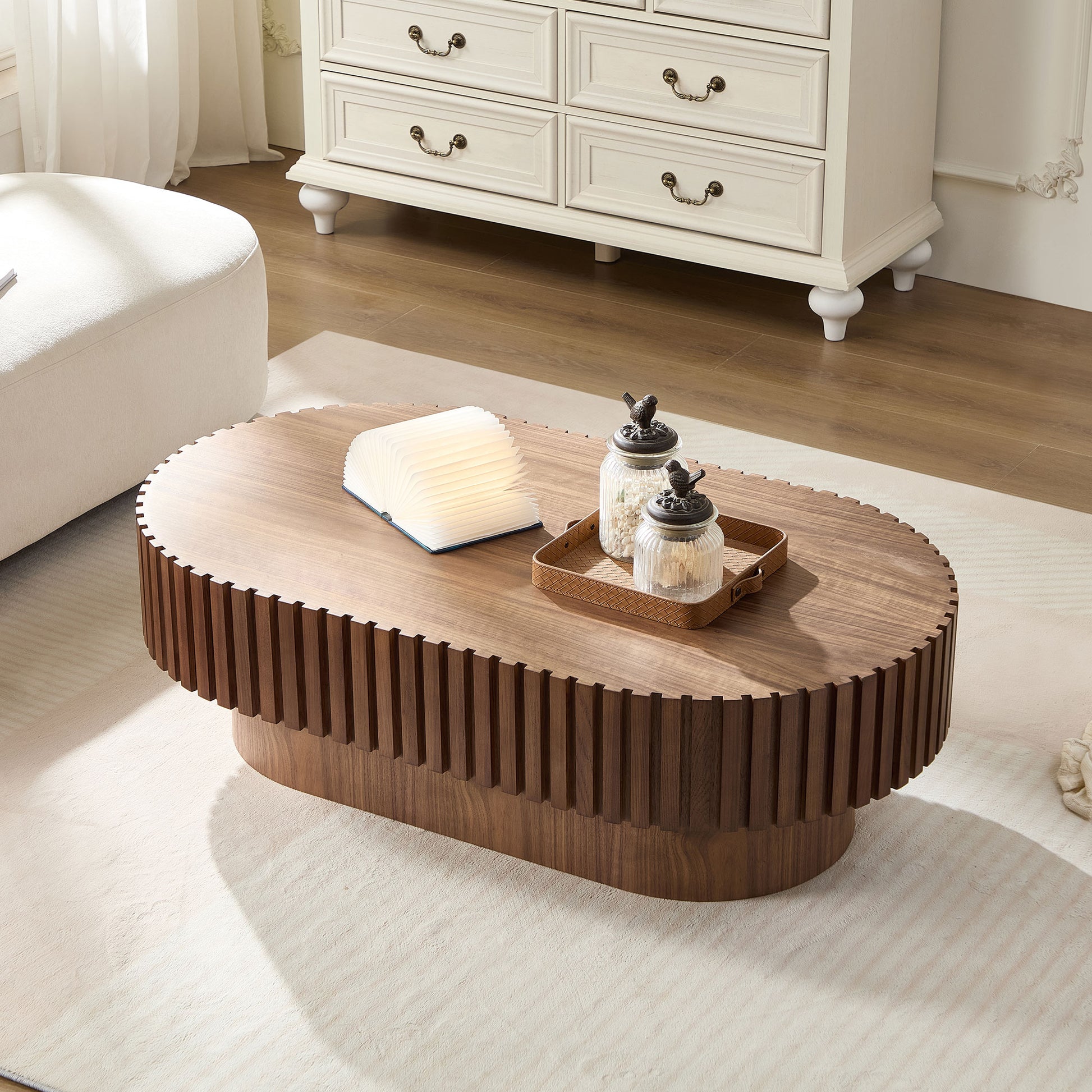 43.70 Inch Modern Handcraft Drum Coffee Table Oval Coffee Table For Living Room,Small Wooden Coffee Table With Sturdy Pedestal For Office,Walnut