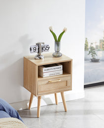 Rattan End Table With Drawer Solid Wood Legs Modern Nightstand Side Table