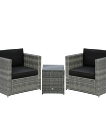 Wicker Bistro Patio Set, 2 Porch Chairs & Glass Table, Black