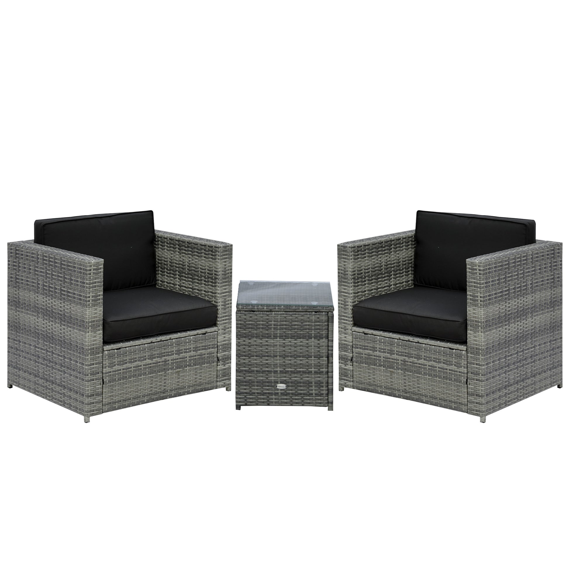 Wicker Bistro Patio Set, 2 Porch Chairs & Glass Table, Black