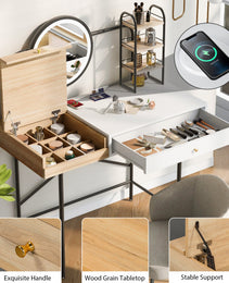 Makeup Vanity Desk With 3-Mode Lighted Mirror & Wireless Charging Station , Vanity Table With Drawer & 3 Open Shelves For Ample Storage Space - CJDS