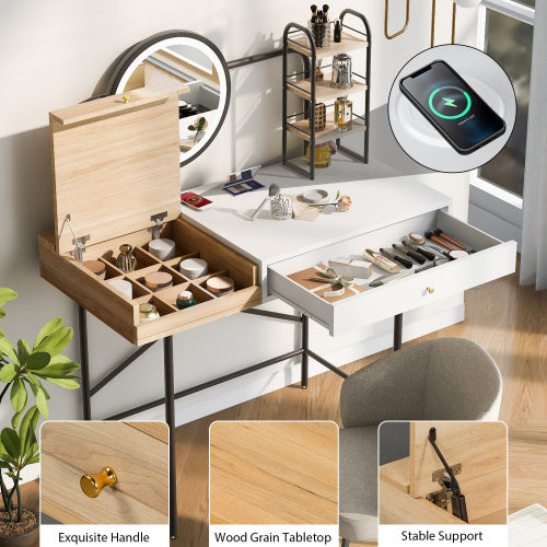 Makeup Vanity Desk With 3-Mode Lighted Mirror & Wireless Charging Station , Vanity Table With Drawer & 3 Open Shelves For Ample Storage Space - CJDS