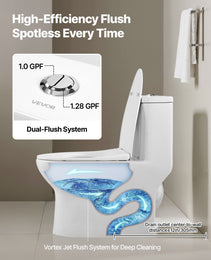 One-Piece Elongated Toilet – Vortex Dual Flush 1.0/1.28 GPF, Skirted Easy-Clean Design, Standard Height (White & Silver, 12" Rough-In)