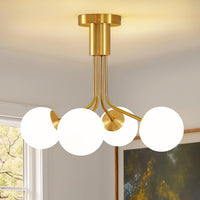 Gold Sputnik Ceiling Light, 4-Light Modern Chandelier with Adjustable Height,Globe Pendant Ceiling Light with Milk Glass Shades, Mid Century Hanging Light Fixture for Living Room Bedroom Foyer
