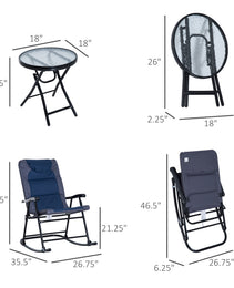 3 Piece Blue Rocking Bistro Set  Patio Chairs   Glass Coffee Table