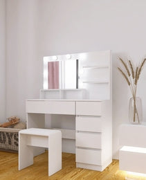 Vanity, Makeup Vanity Desk Set With Mirror  Light, Dressing Table Storage Lots With Power Strip, 3 Lighting Modes With Adjustable Brightness, 37 Inches White With Stool - CJDS