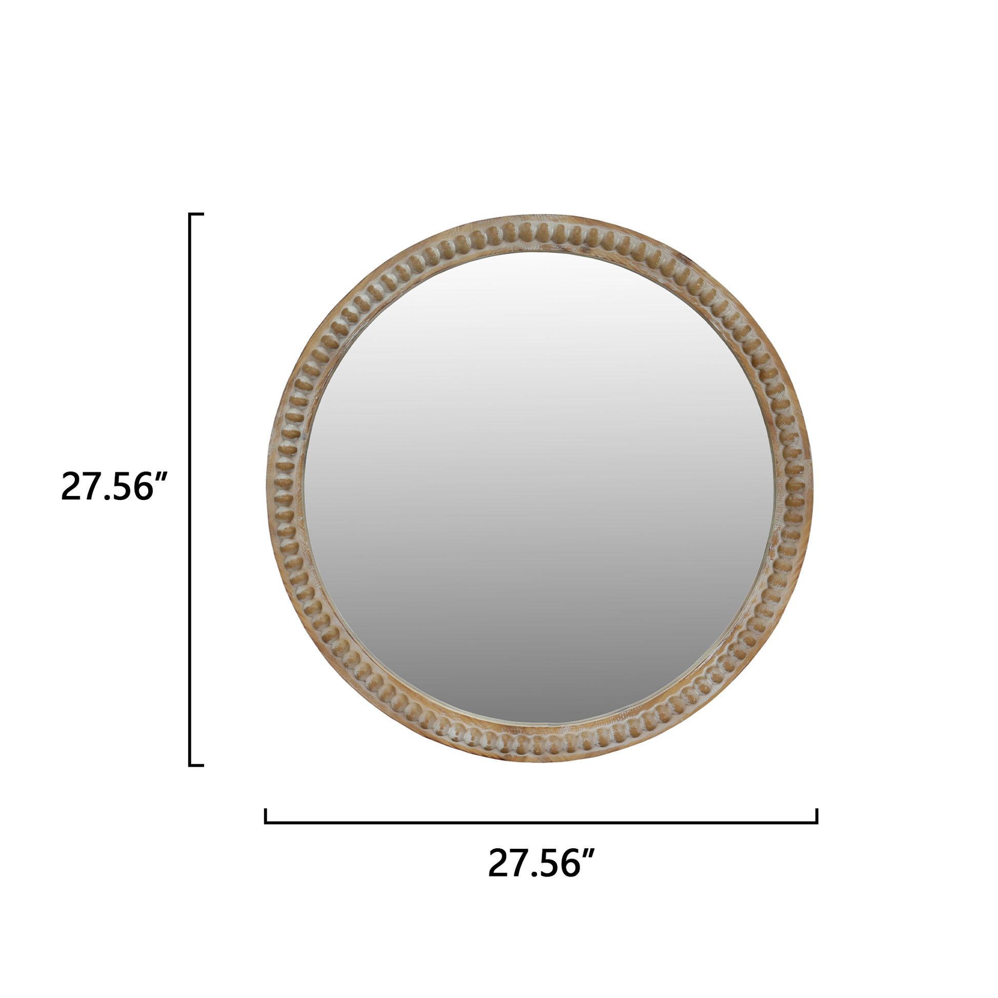 Round Decorative Wall Mirror, 27.5  Distressed Wood Beaded Frame Mirror For Entryway, Living Room, Bathroom, Farmhouse Style Accent Mirror