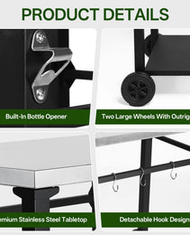 2-Tier Outdoor Grill Cart With Stainless Steel Top, Large Wheels & Tool Hooks, Movable BBQ Prep Table, Rolling Serving Bar Cart For Patio, Backyard, Pizza Oven Stand, Black