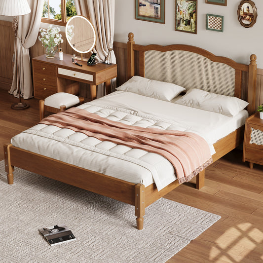 Queen Size Wooden Platform Bed With Natural Rattan Headboard, Vintage Bed Frame With Wooden Slat Support, Walnut