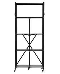 5-Tier Foldable Storage Shelf, 28W X 13D X 66H Inch Folding Metal Rack Shelving Unit, No Assembly Organizer Shelf With 5 Wheels & 4 Hooks For Pantry, Kitchen, Garage, Basement, Black
