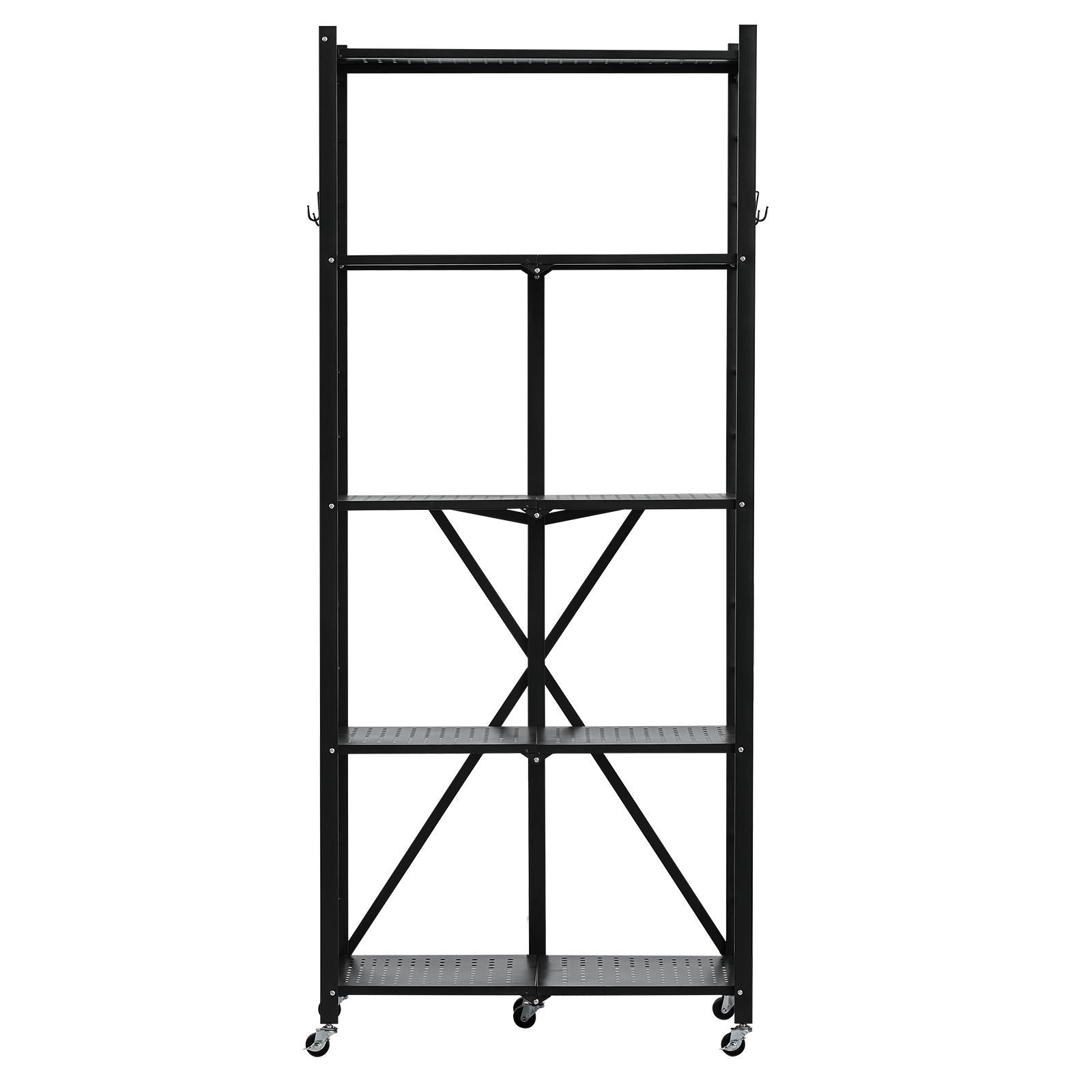 5-Tier Foldable Storage Shelf, 28W X 13D X 66H Inch Folding Metal Rack Shelving Unit, No Assembly Organizer Shelf With 5 Wheels & 4 Hooks For Pantry, Kitchen, Garage, Basement, Black