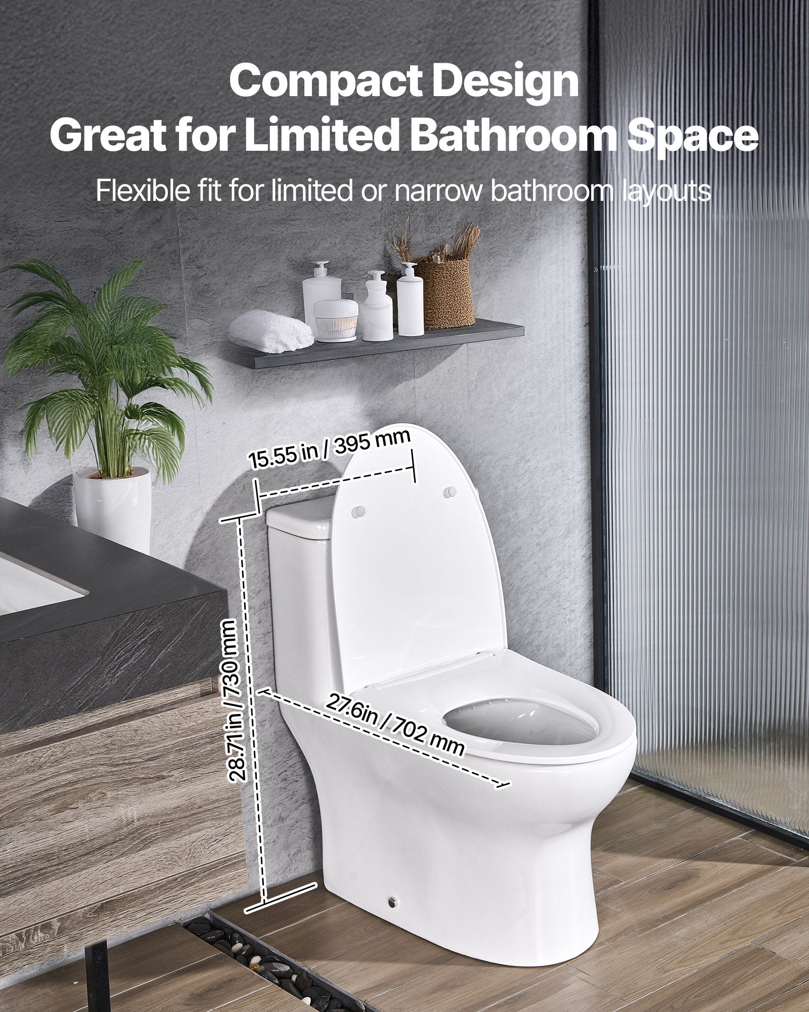 One-Piece Elongated Toilet – Vortex Dual Flush 1.0/1.28 GPF, Skirted Easy-Clean Design, Standard Height (White & Silver, 12" Rough-In)