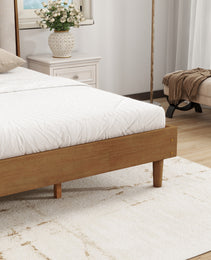 King Size Wood Bed With Piano Key Style Upholstered Headboard , Wood Bed With Strengthened Bed Frame ,Wheat