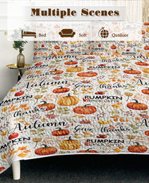 Pumpkin Autumn Leaves Print Quilt Set -1 Quilt, 2 Shams