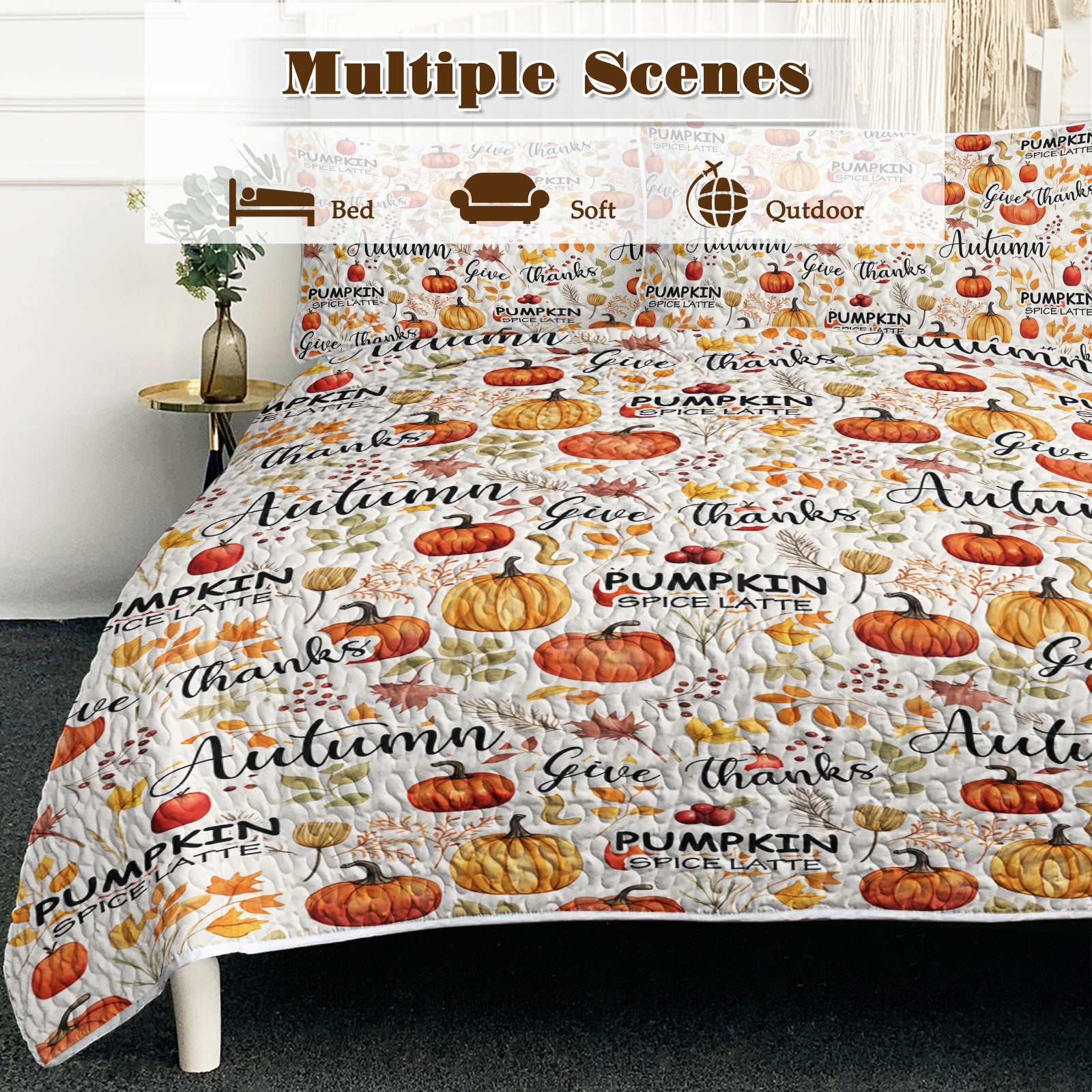 Pumpkin Autumn Leaves Print Quilt Set -1 Quilt, 2 Shams