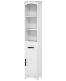 Farmhouse Tall Slim Bathroom Storage Cabinet with Recessed Drawer, Narrow Cabinet with Barn Door, White
