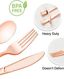 50 Pack Pre Rolled Rose Gold Plastic Silverware Set,Wrapped Plastic Cutlery Set With Napkin Include 50 Forks,50 Spoons,50 Knives And 50 Black Napkins For Party, Wedding