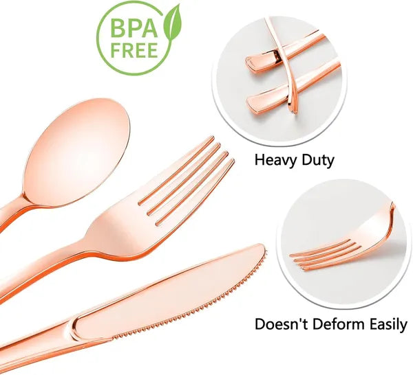 50 Pack Pre Rolled Rose Gold Plastic Silverware Set,Wrapped Plastic Cutlery Set With Napkin Include 50 Forks,50 Spoons,50 Knives And 50 Black Napkins For Party, Wedding