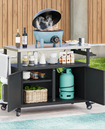 K&K 54.5  Outdoor Kitchen Island With Stainless Steel Tabletop, Metal Grill Cart Table With Storage Cabinet, Spice Rack And Towel Rack, Outdoor Bar Cart With 4 Lockable Wheels For Outside BBQ