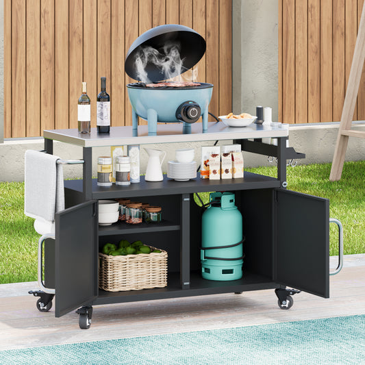 K&K 54.5  Outdoor Kitchen Island With Stainless Steel Tabletop, Metal Grill Cart Table With Storage Cabinet, Spice Rack And Towel Rack, Outdoor Bar Cart With 4 Lockable Wheels For Outside BBQ
